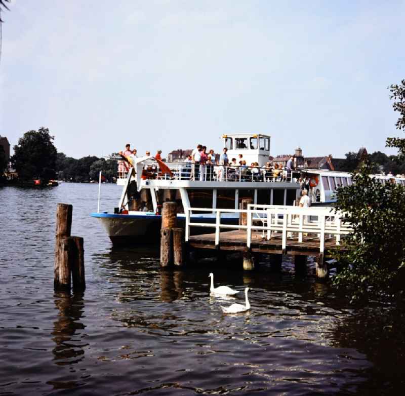 Passenger ship 'Wilhelm Pieck' of the shipping company Weisse Flotte at the pier at the Luisenhain park in Koepenick in East Berlin on the territory of the former GDR, German Democratic Republic