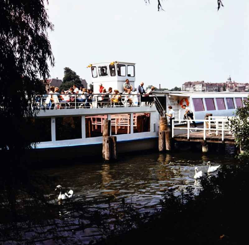 Passenger ship 'Wilhelm Pieck' of the shipping company Weisse Flotte at the pier at the Luisenhain park in Koepenick in East Berlin on the territory of the former GDR, German Democratic Republic