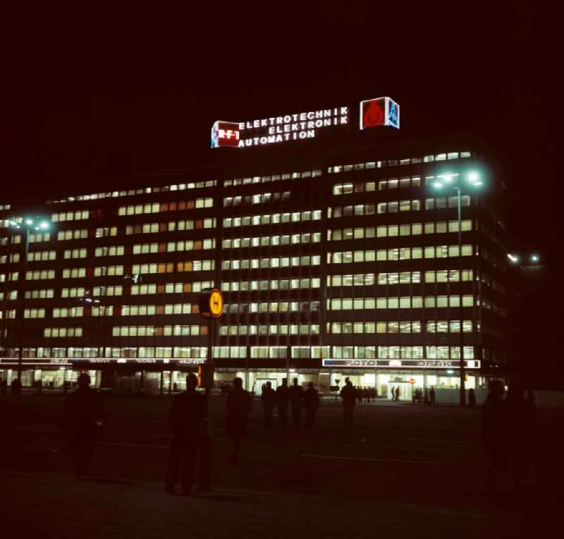 'House of the Electrical Industry' at night on Alexanderplatz in the Mitte district of East Berlin in the territory of the former GDR, German Democratic Republic