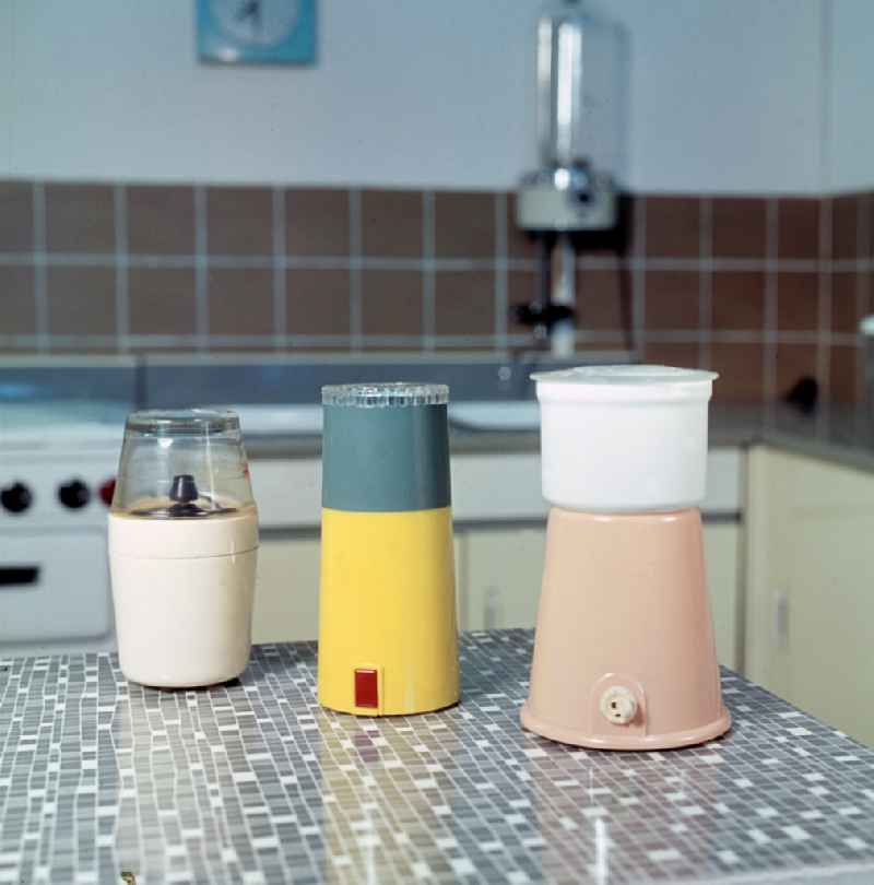 Kitchen appliance electric coffee grinders of the manufacturer 'Komet' in a kitchen household in Berlin East Berlin in the territory of the former GDR, German Democratic Republic