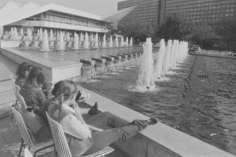 Fountains and water features at the foot of the television tower in Berlin-Mitte on the territory of the former GDR, German Democratic Republic