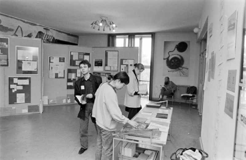 Berlin-Weissensee Art Academy, East Berlin in the territory of the former GDR, German Democratic Republic. Graphic exhibition in the auditorium