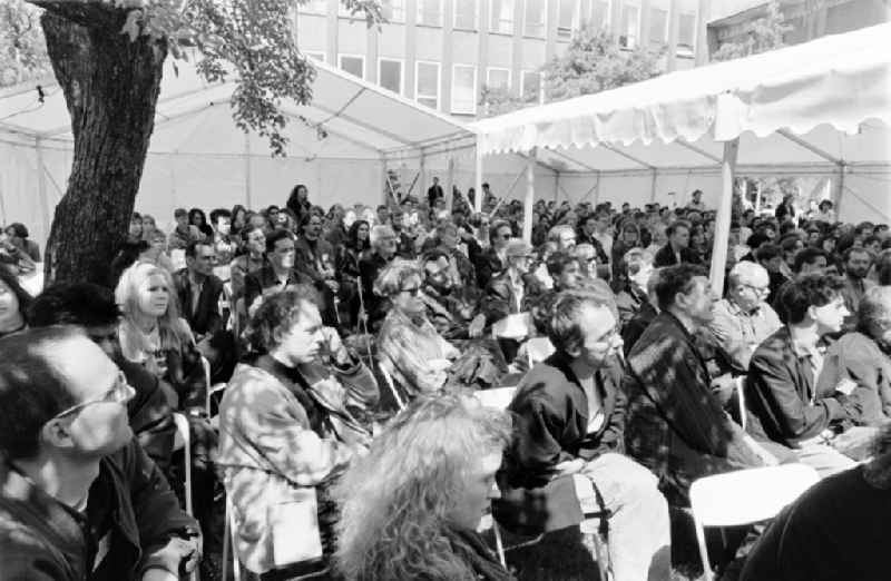 Art Academy Berlin-Weissensee East Berlin on the territory of the former GDR, German Democratic Republic. Participants sit in the tent during the architect's colloquium