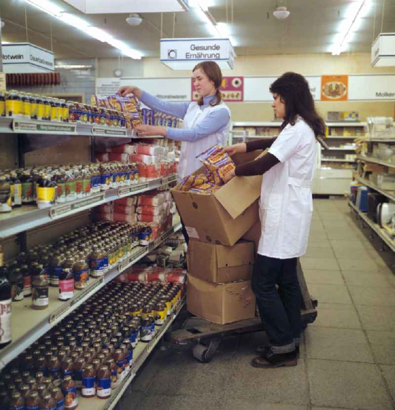 Mall shopping center with shelves filled with healthy food on street Spandauer Strasse in Berlin Eastberlin on the territory of the former GDR, German Democratic Republic