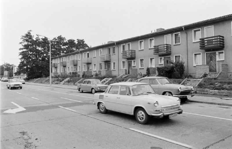 Facades of residential buildings in the terraced house complex Am Falkenberg in the Gruenau district of East Berlin in the territory of the former GDR, German Democratic Republic