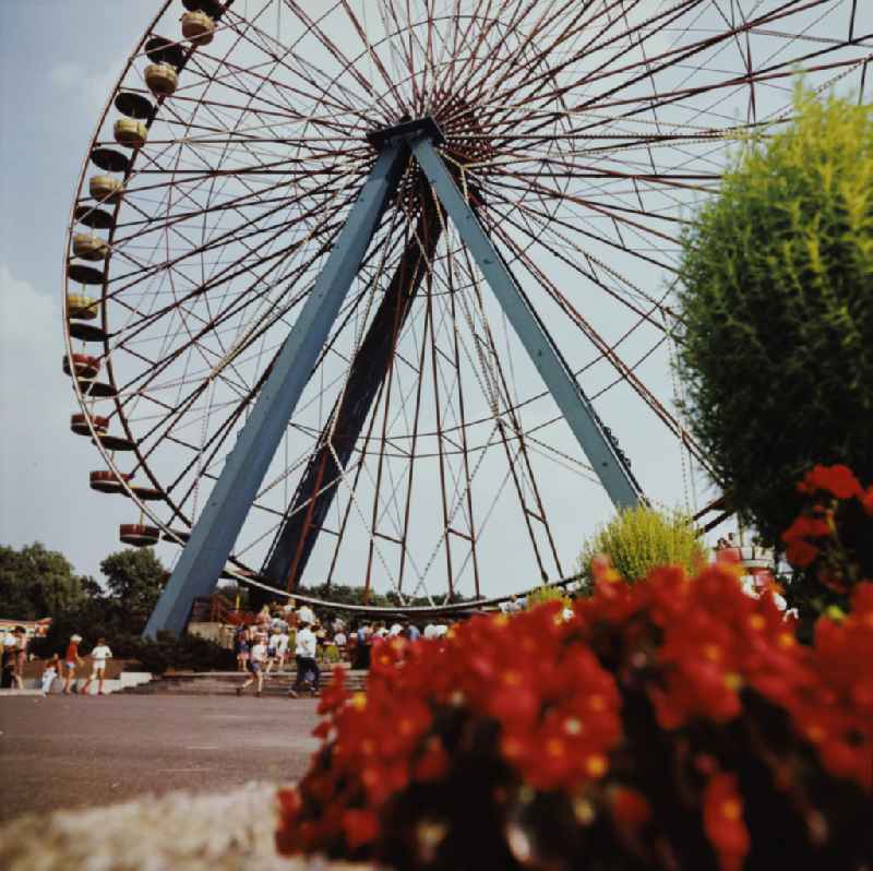 Ferris wheel in the Plaenterwald cultural park in East Berlin in the Treptow district. The cultural park was the only permanent amusement park in the GDR. After reunification, the park functioned as Spreepark Berlin until 20