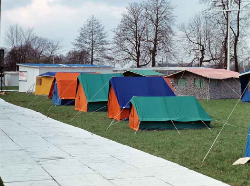 At the camping exhibition in Treptower Park, tents in various shapes and colors are presented in Berlin East Berlin on the territory of the former GDR, German Democratic Republic