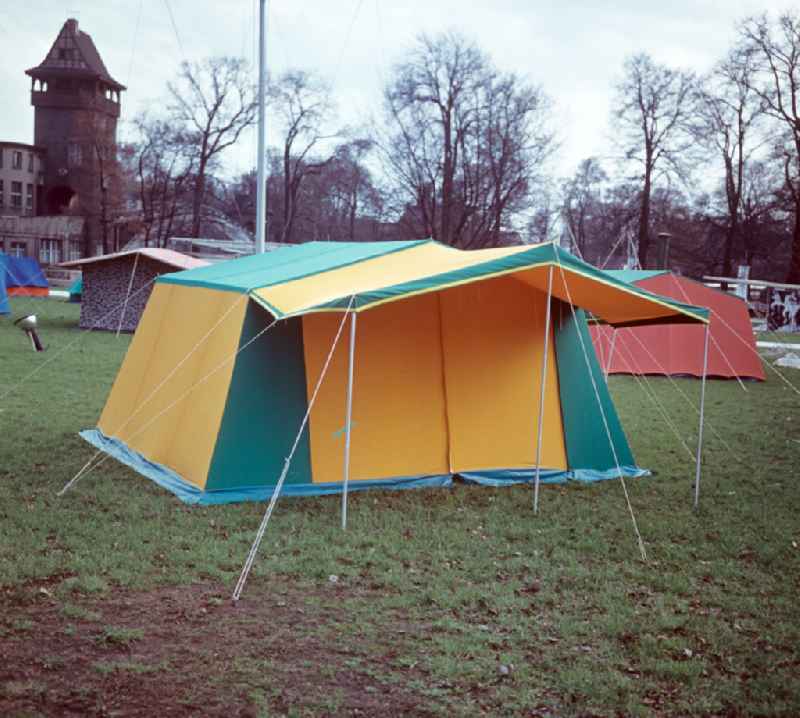 At the camping exhibition in Treptower Park, tents in various shapes and colors are presented in Berlin East Berlin on the territory of the former GDR, German Democratic Republic