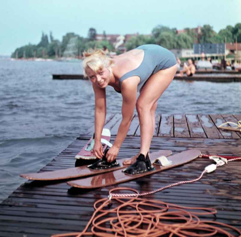 Waterskiing in the Gruenau district of Berlin East Berlin in the territory of the former GDR, German Democratic Republic