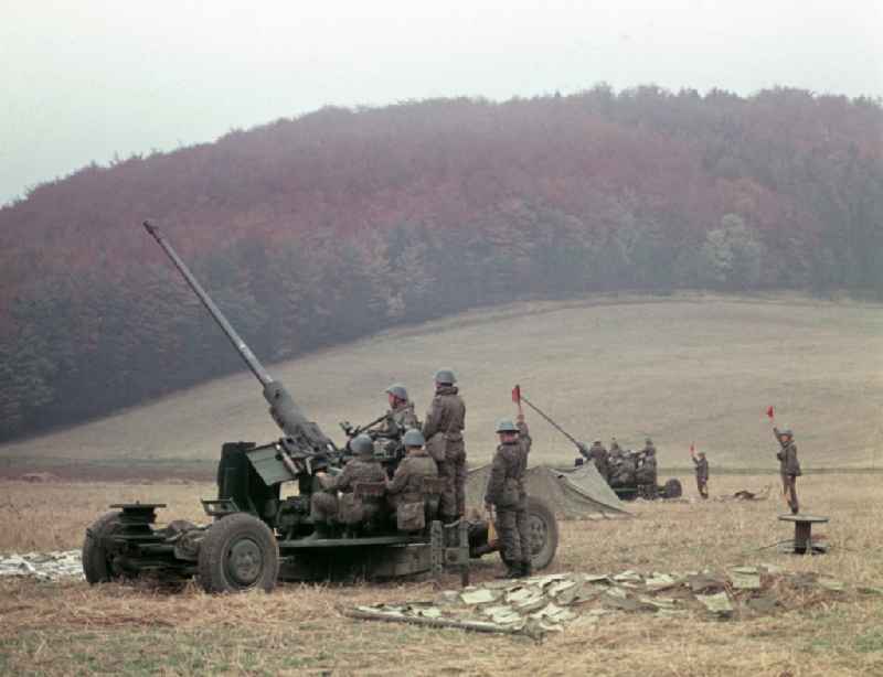 Meeting of army members of the NVA National Peoples Army with members of the GSSD Group of Soviet Forces in Germany for a meeting on the occasion of the joint exercise 'OKTOBERSTORM' at the foot of the National Memorial in Buchenwald, Thuringia in the territory of the former GDR, German Democratic Republic