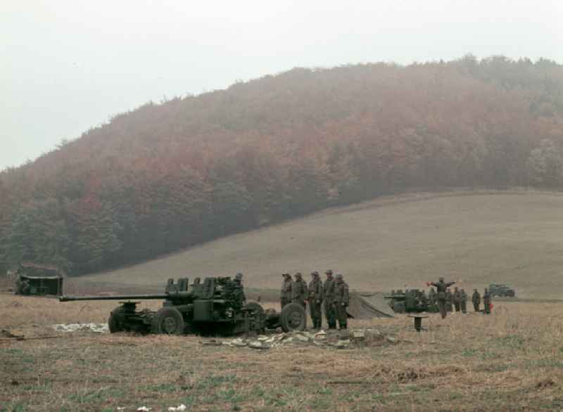 Meeting of army members of the NVA National Peoples Army with members of the GSSD Group of Soviet Forces in Germany for a meeting on the occasion of the joint exercise 'OKTOBERSTORM' at the foot of the National Memorial in Buchenwald, Thuringia in the territory of the former GDR, German Democratic Republic