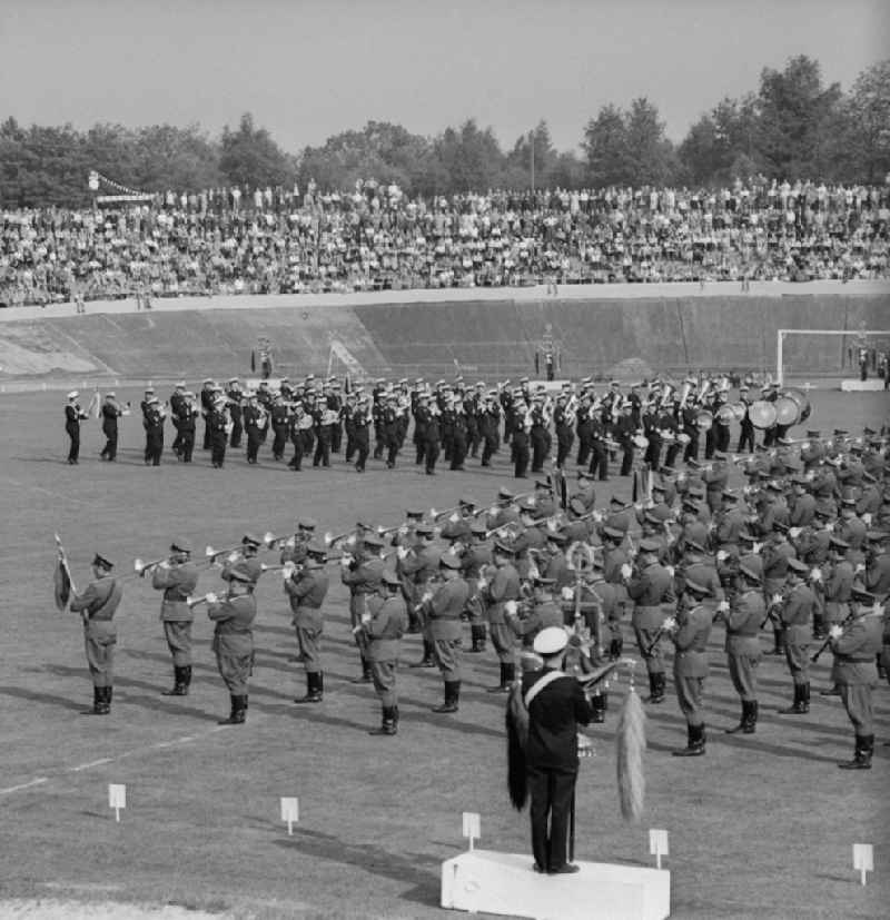 NVA military band playing in a stadium before an audience in Chemnitz in Saxony today