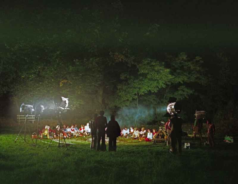 Scene from the film and television production ' Portrait of a Center ' with Sorbian villagers at a nighttime campfire in Crostwitz, Saxony in the area of the former GDR, German Democratic Republic