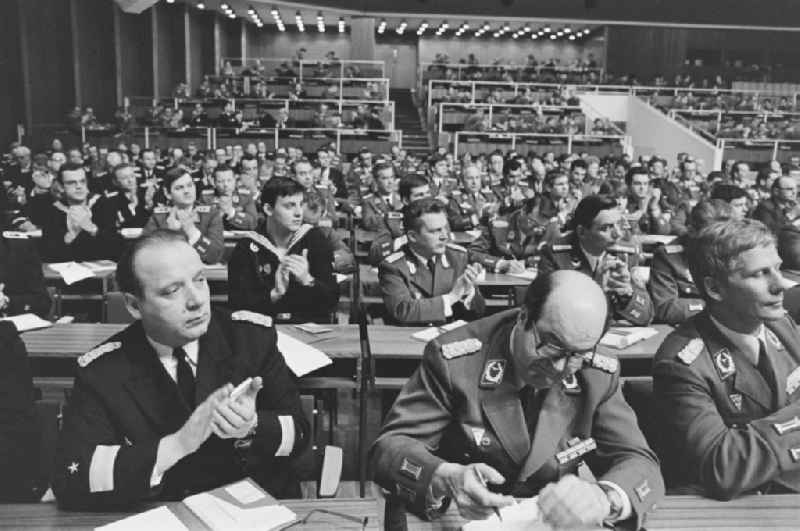 Soldiers, non-commissioned officers, officers and generals as members of the NVA National People's Army at the delegates' conference in the Kulturpalast in the Altstadt district of Dresden, Saxony in the territory of the former GDR, German Democratic Republic