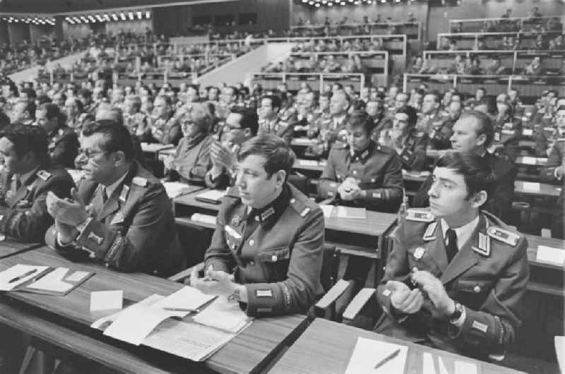 Soldiers, non-commissioned officers, officers and generals as members of the NVA National People's Army at the delegates' conference in the Kulturpalast in the Altstadt district of Dresden, Saxony in the territory of the former GDR, German Democratic Republic