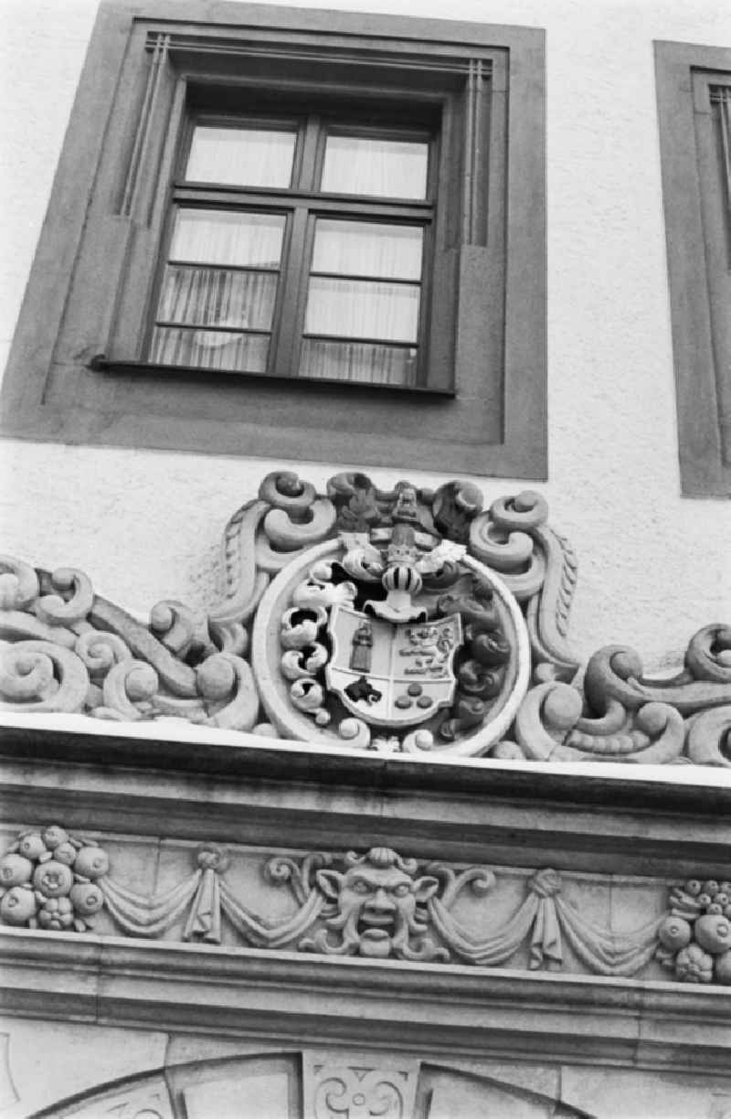 Facade elements of contemporary architecturevon historischen Gebaeuden im Stadtzentrum in the district Altstadt in Freiberg, Saxony on the territory of the former GDR, German Democratic Republic