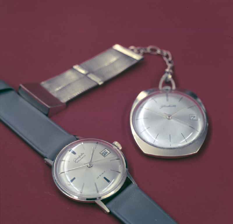 Watches from the 'VEB Glashuetter Uhrenbetriebe' on Schillerstrasse in Glashuette, Saxony in the territory of the former GDR, German Democratic Republic