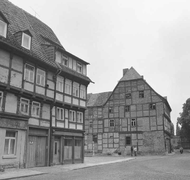 Rubble and ruins Rest of the facade and roof structure of the half-timbered house on Bakenstrasse - Judengasse in Halberstadt in the state Saxony-Anhalt on the territory of the former GDR, German Democratic Republic