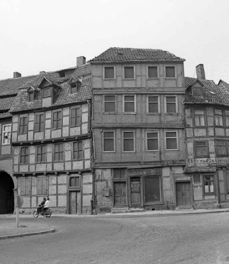 Rubble and ruins Rest of the facade and roof structure of the half-timbered house Bei den Spritzen in Halberstadt in the state Saxony-Anhalt on the territory of the former GDR, German Democratic Republic