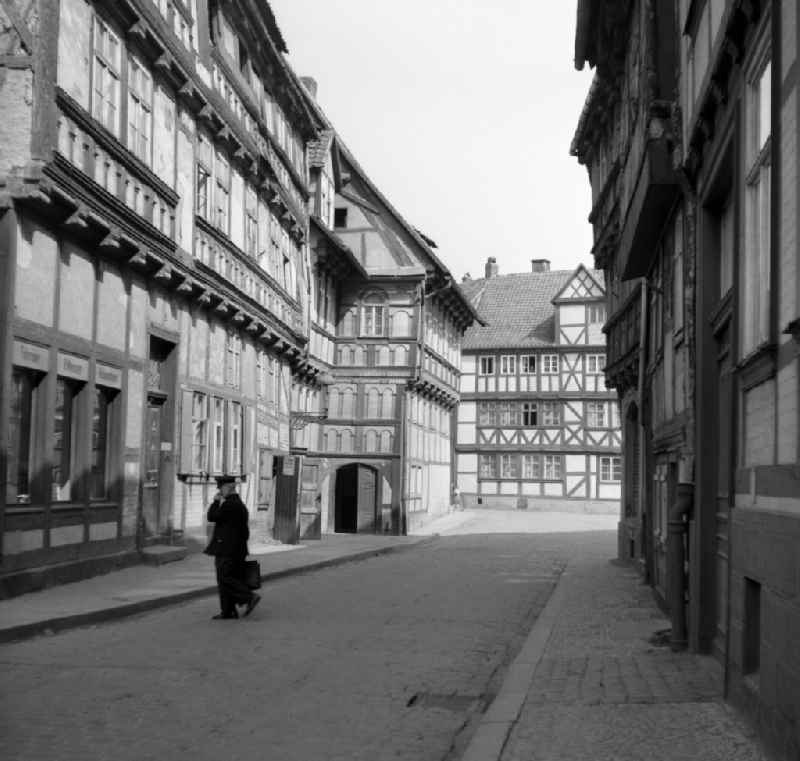 Half-timbered facade and building front Hoher Weg - Am Kulk in Halberstadt in the state Saxony-Anhalt on the territory of the former GDR, German Democratic Republic