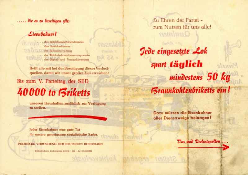 Reproduction of a leaflet on briquette - saving coal and reducing CO2 in steam locomotives of the Deutsche Reichsbahn issued in Halberstadt in the state of Saxony-Anhalt in the area of the former GDR, German Democratic Republic
