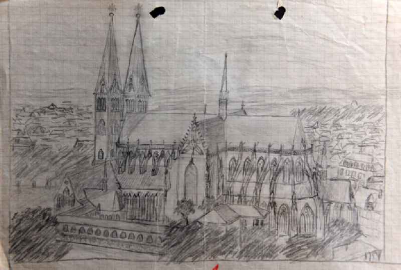 VG picture free work: pencil drawing ' Halberstaedter Dom ' by the artist Siegfried Gebser in Halberstadt in the state Saxony-Anhalt on the territory of the former GDR, German Democratic Republic