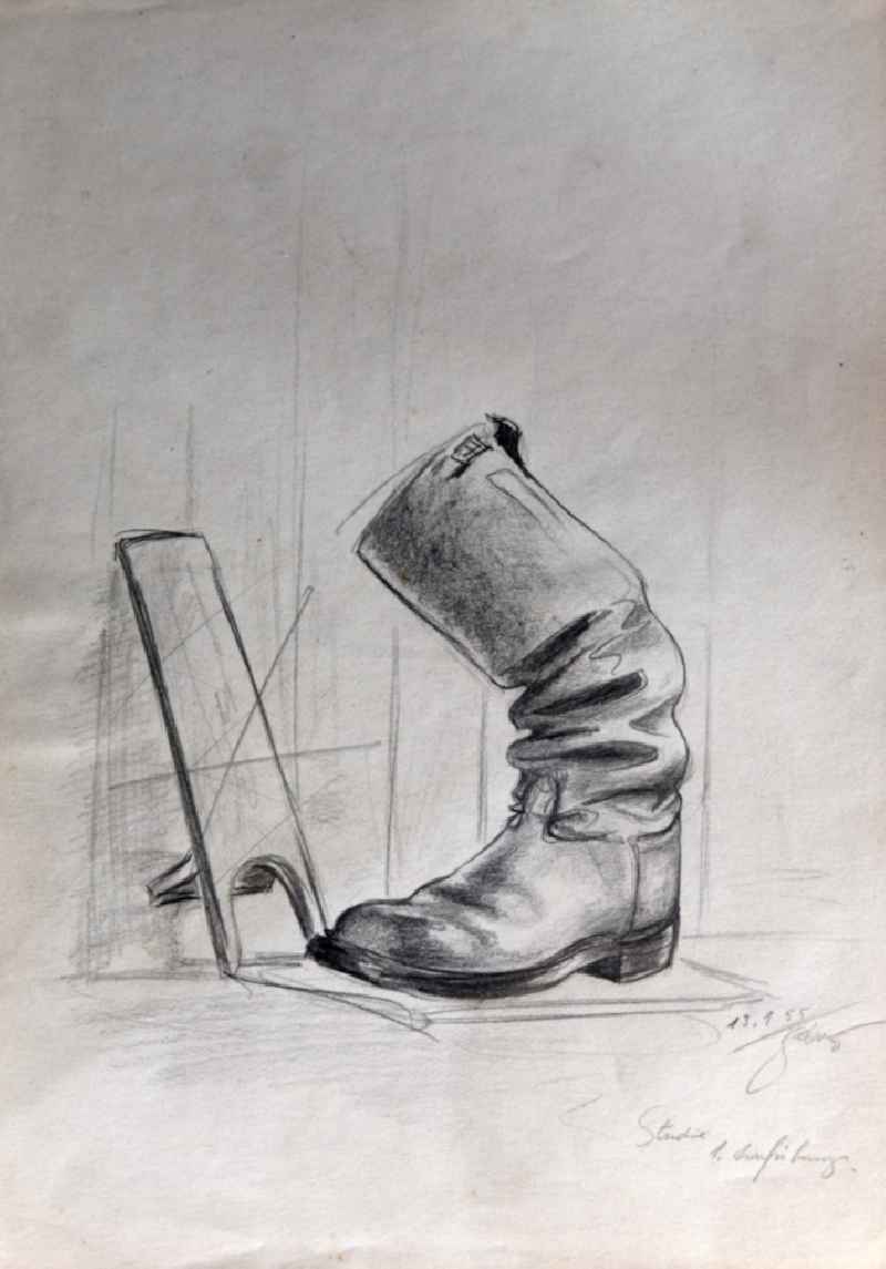 VG picture free work: pencil drawing ' Boots & Shoe Servants ' by the artist Siegfried Gebser in Halberstadt in the state Saxony-Anhalt on the territory of the former GDR, German Democratic Republic