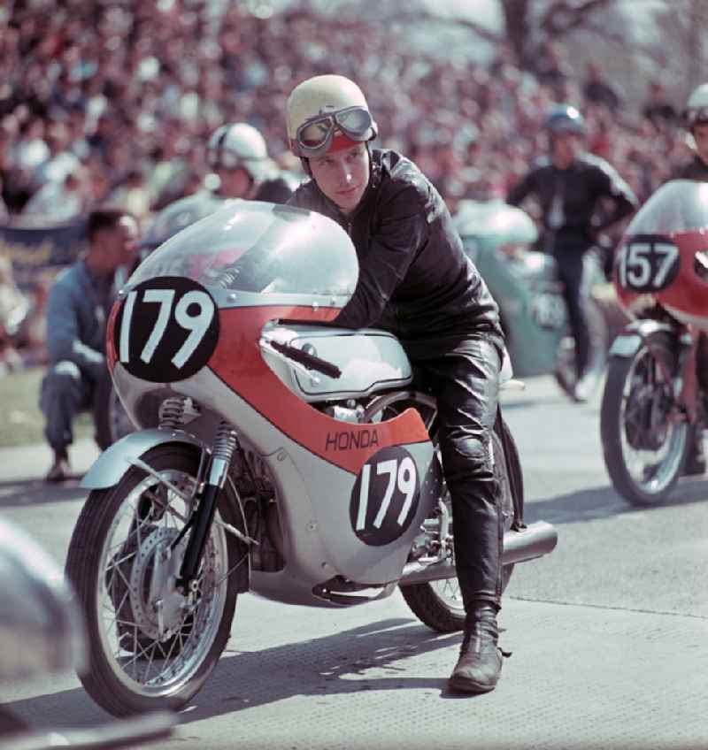 Rider with the starting number 179 on a Honda motorcycle on the starting position in the motorcycle race on the Sachsenring in Hohenstein-Ernstthal, Saxony in the territory of the former GDR, German Democratic Republic