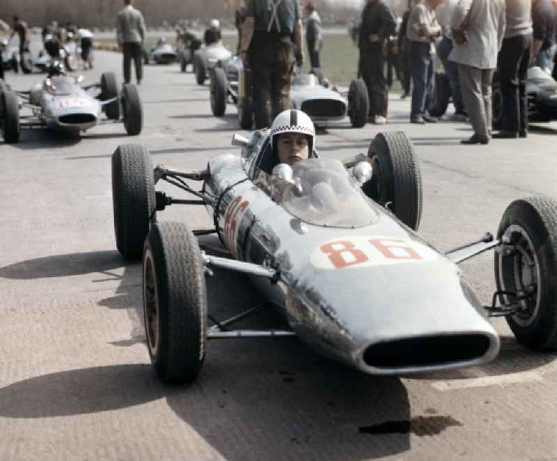 A Melkus 'Melkus-Cigar' racing car on the starting position before a race on the Sachsenring in Hohenstein-Ernstthal, Saxony in the territory of the former GDR, German Democratic Republic