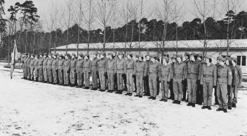 Practical training with a pre-military character in preparation for military service in der Uniform der GST Gesellschaft fuer Sport und Technik in Hoppegarten, Brandenburg on the territory of the former GDR, German Democratic Republic