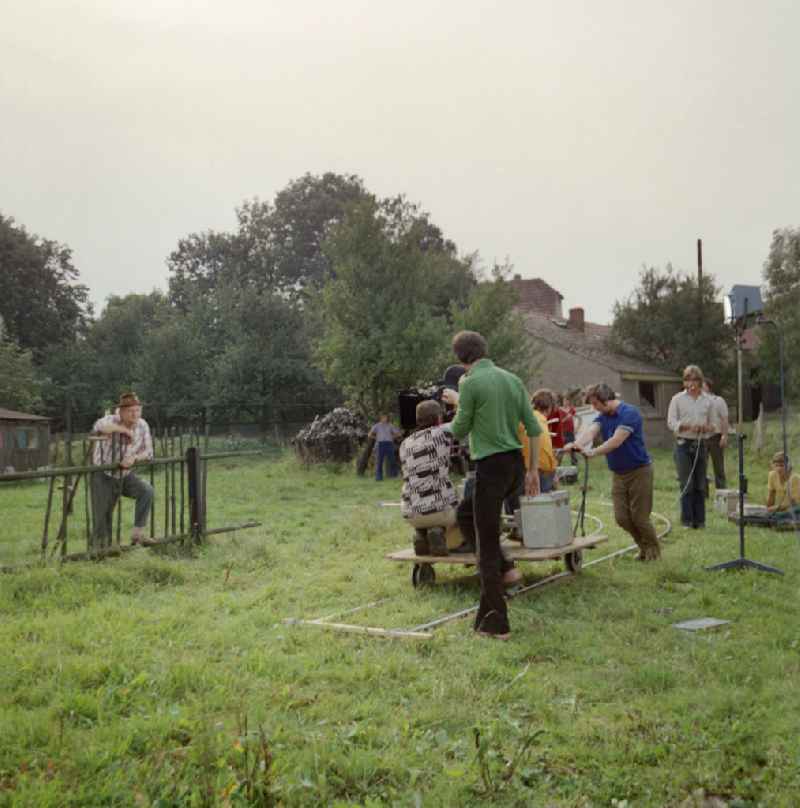 Scene recording of the film and television production ' Portrait of a Center ' on the main street in Horka, Saxony in the area of the former GDR, German Democratic Republic. The turntable during the recording of the story by the Sorbian children's book author Jan Worner