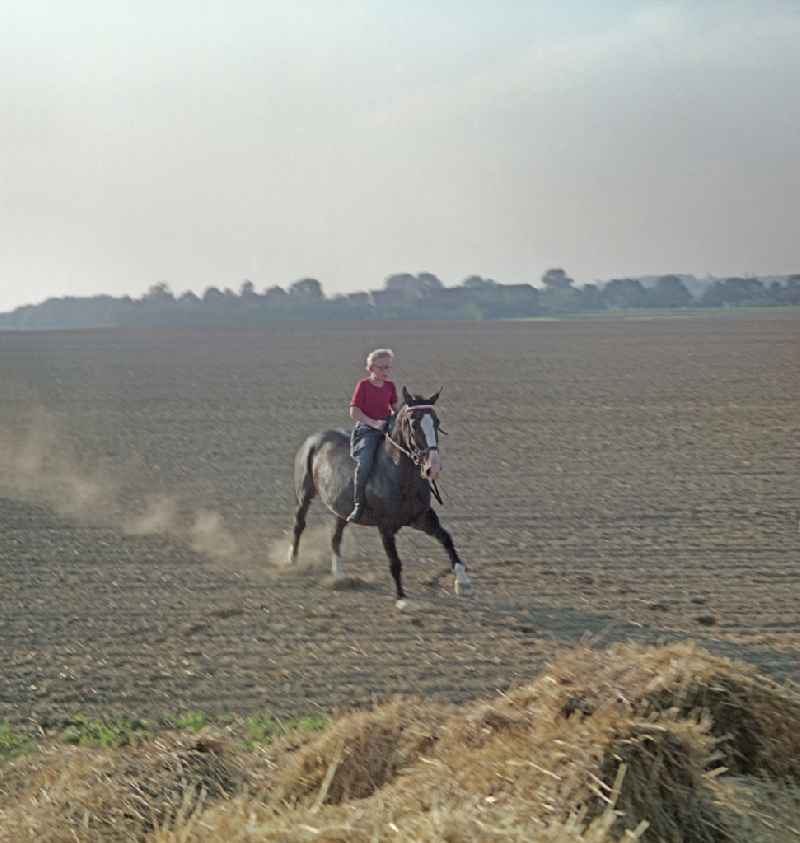 Horse and rider during filming of 'Portrait of a Center Point' on the main street in Horka, Saxony in the territory of the former GDR, German Democratic Republic