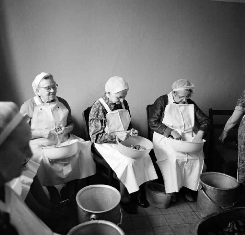 Senior citizens are peeling potatoes in a kitchen in the Andersen-Nexoe-Heim in Leipzig in the federal state of Saxony on the territory of the former GDR, German Democratic Republic