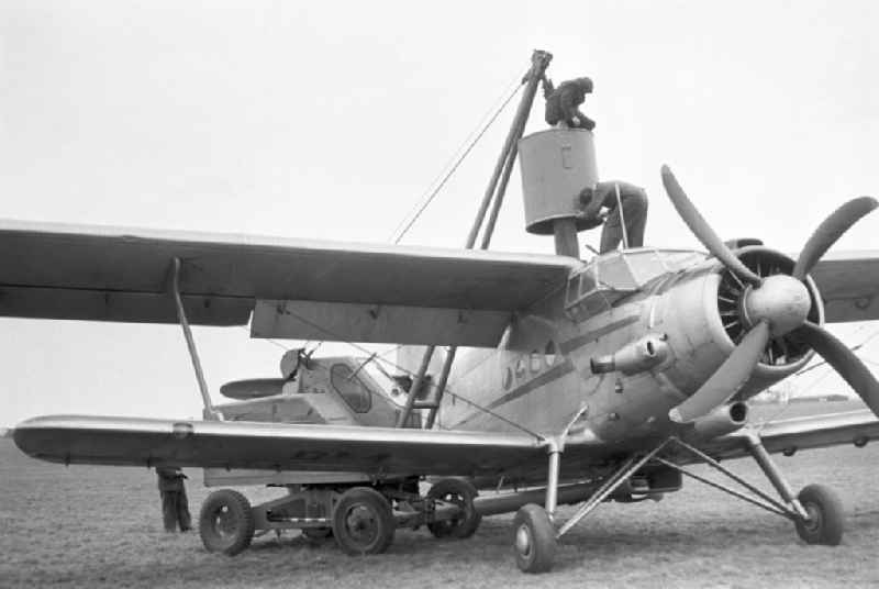 Filling, maintenance and take-off preparation of an Antonov AN-2S agricultural aircraft of the Agrarflug operation of the state airline INTERFLUG on a field strip of an LPG - agricultural production cooperative for a spraying flight for fertilization and pest control in Moeckern, Saxony-Anhalt in the territory of the former GDR, German Democratic Republic