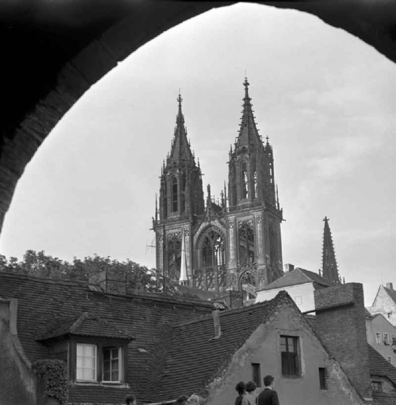 Towers, facade and roof of the gothic sacral building Meissen Cathedral or the Church of St John and St Donatus in Meissen in the state Saxony on the territory of the former GDR, German Democratic Republic