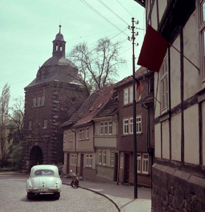 City view of Am Frauentor in Muehlhausen, Thuringia in the area of the former GDR, German Democratic Republic