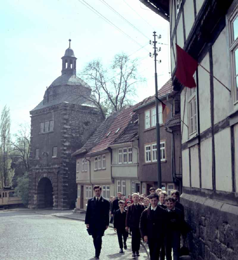 City view of Am Frauentor in Muehlhausen, Thuringia in the area of the former GDR, German Democratic Republic