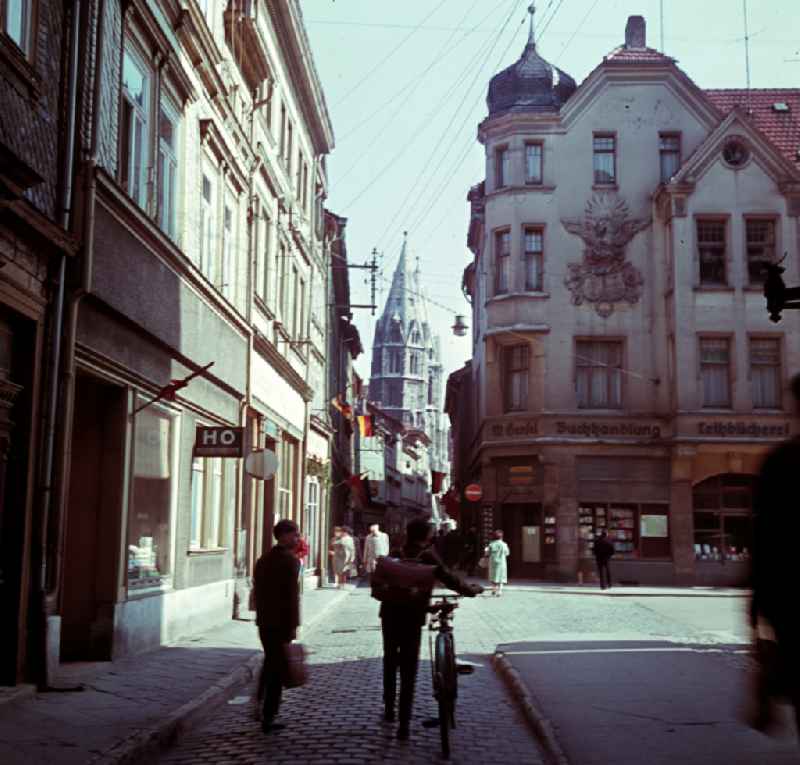 Street scene in Muehlhausen with a view of the Divi-Blasii Church, Thuringia in the area of the former GDR, German Democratic Republic