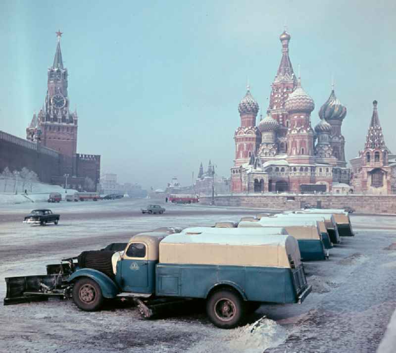 Red Square in winter with snow clearing vehicles and St. Basil's Cathedral in Moskva - Moscow in Russia