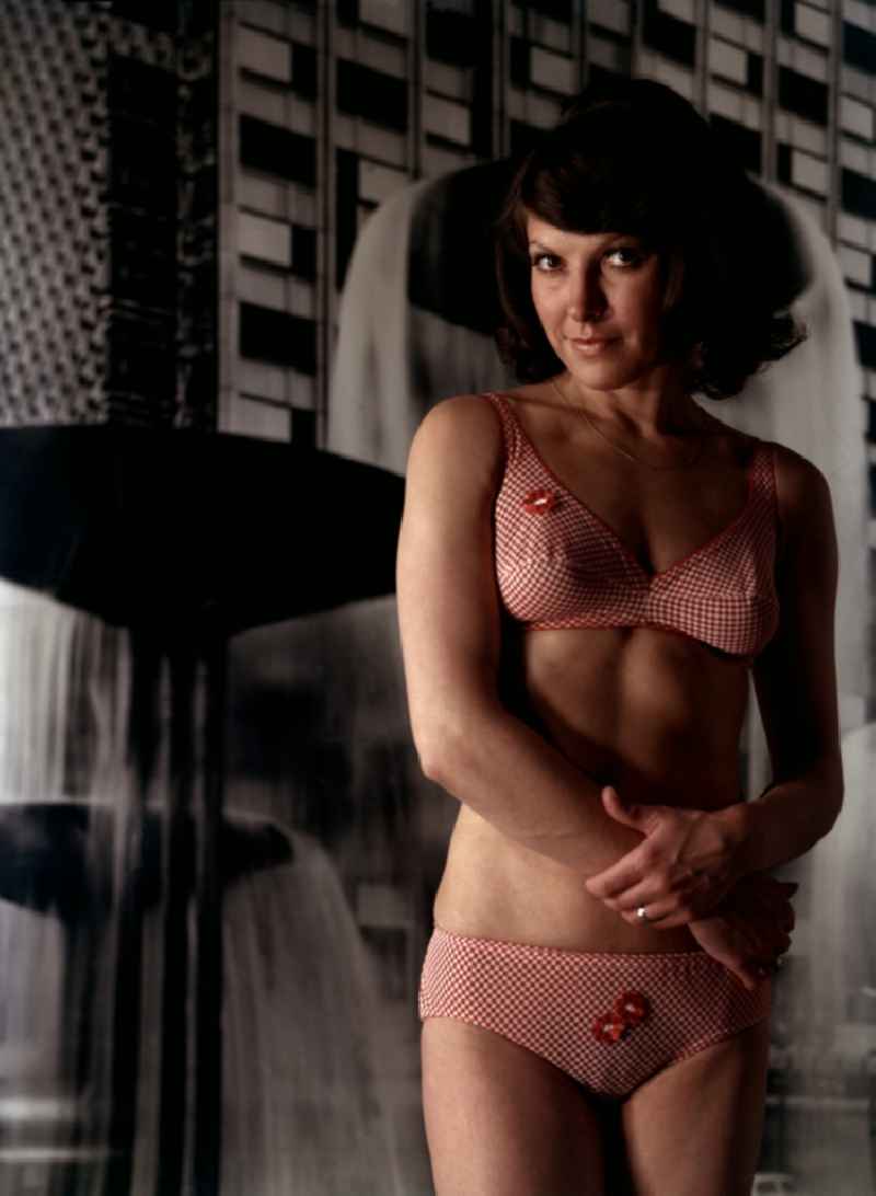 Young models woman presents current women's fashion collection with women's underwear in Pirna in the state Saxony on the territory of the former GDR, German Democratic Republic