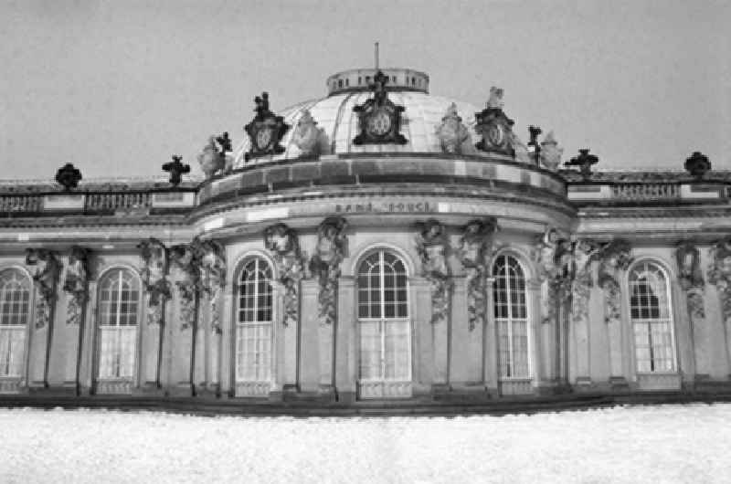 Mittelbau with sandstone statues of the sculptor Friedrich Christian Glume in the form of Bacchantes at Sanssouci Palace in Potsdam