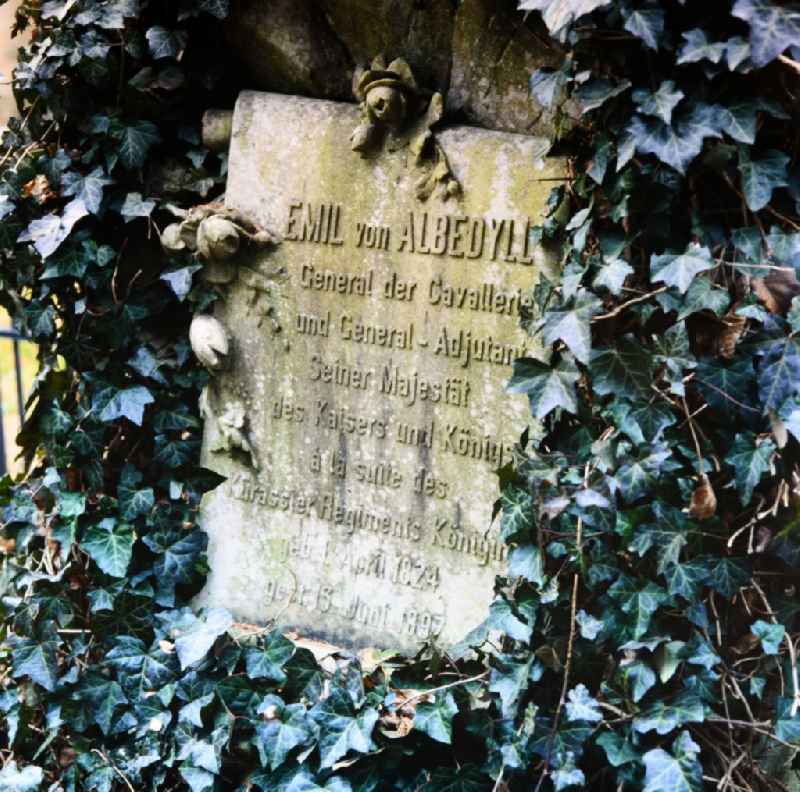 Inscription of a military-historical tombstone commemorating General Emil von Albedyll in the cemetery in the district Bornstedt in Potsdam in the state Brandenburg on the territory of the former GDR, German Democratic Republic