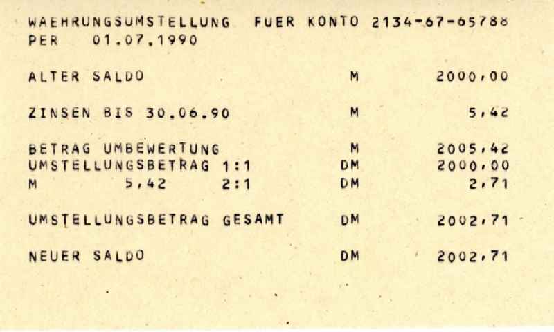 Reproduction of account statements for GDR citizens for monetary union issued in Potsdam in the state of Brandenburg in the area of ??the former GDR, German Democratic Republic