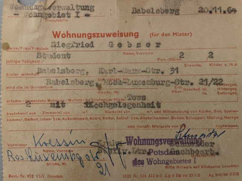 Reproduction Apartment briefing certificate for the allocation of living space issued in the district Babelsberg in Potsdam in the state Brandenburg on the territory of the former GDR, German Democratic Republic