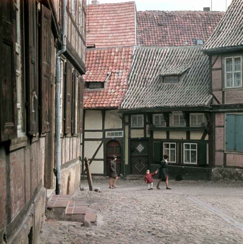 Half-timbered facades and building fronts in the old town centre in Quedlinburg, Saxony-Anhalt in the area of the former GDR, German Democratic Republic