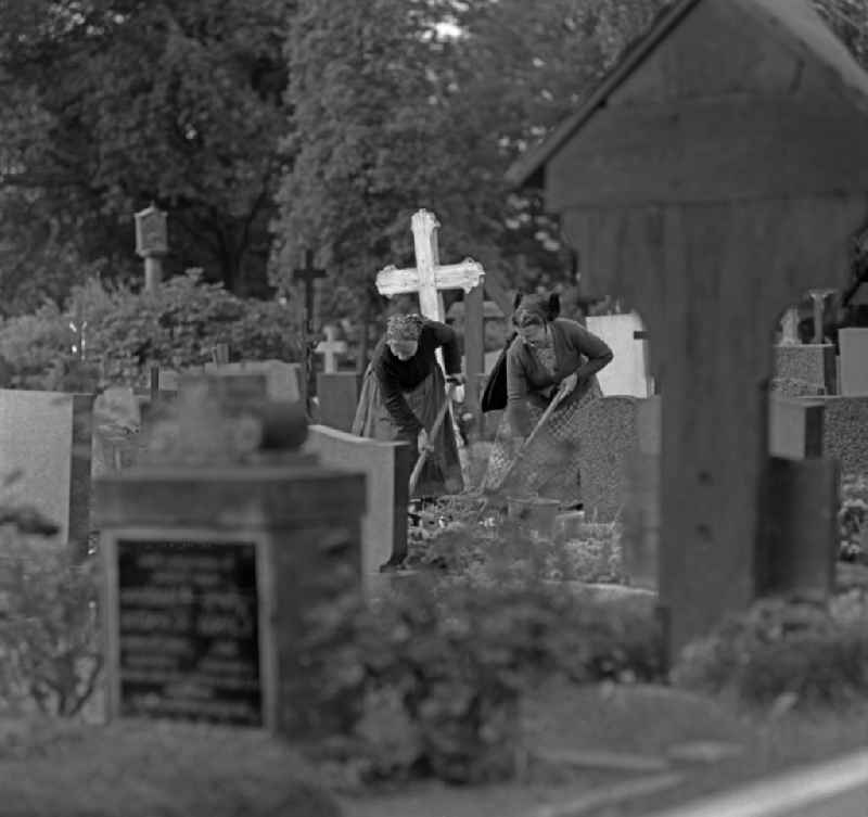 Cultural-historical gravestone ensemble at the Sorbian cemetery on the cemetery on the main street in Ralbitz-Rosenthal, Saxony in the area of the former GDR, German Democratic Republic