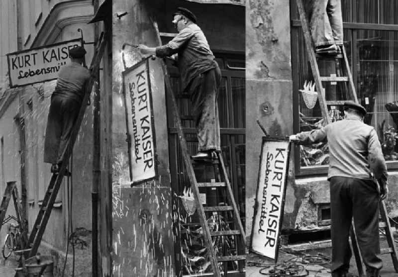 Die Bildkombo zeigt die Demontage des Schildes des Lebensmittelladens 'Kurt Kaiser' in Rostock. Das Geschäft mußte einem Textilladen weichen.