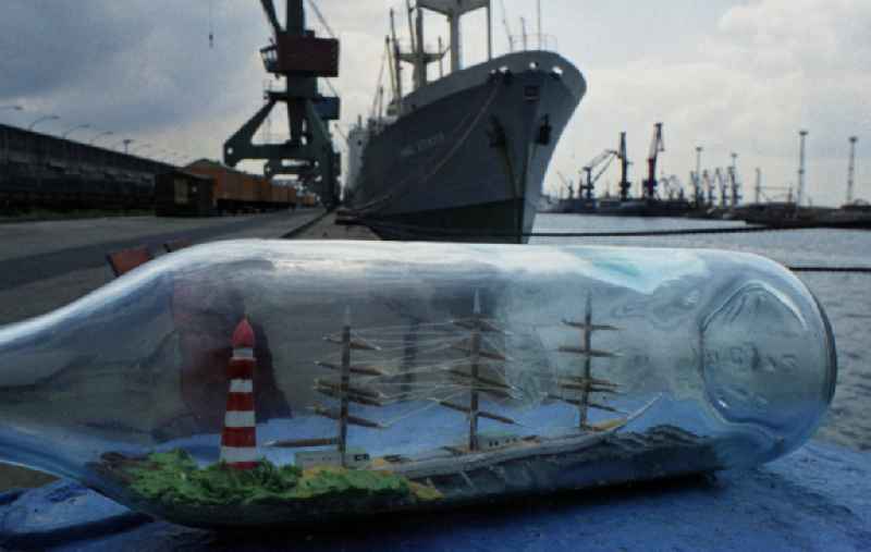 Ship in a bottle in the port of Rostock in the state Mecklenburg-Western Pomerania on the territory of the former GDR, German Democratic Republic