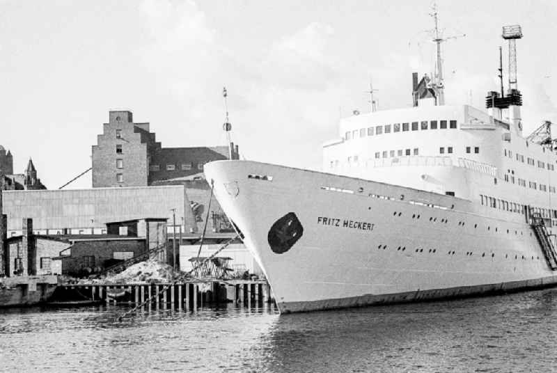 Port berth of the passenger ship 'Fritz Heckert' of the VEB Deutsche Seereederei in the district of Warnemuende in Rostock, Mecklenburg-Vorpommern in the area of the former GDR, German Democratic Republic