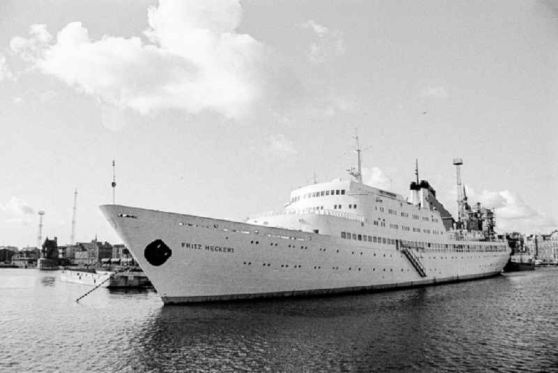 Port berth of the passenger ship 'Fritz Heckert' of the VEB Deutsche Seereederei in the district of Warnemuende in Rostock, Mecklenburg-Vorpommern in the area of the former GDR, German Democratic Republic